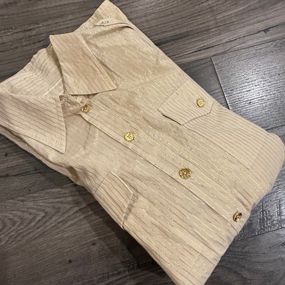 Michael Michael Kors Gold Metallic Striped Button Front Belted Shirt Dress Small